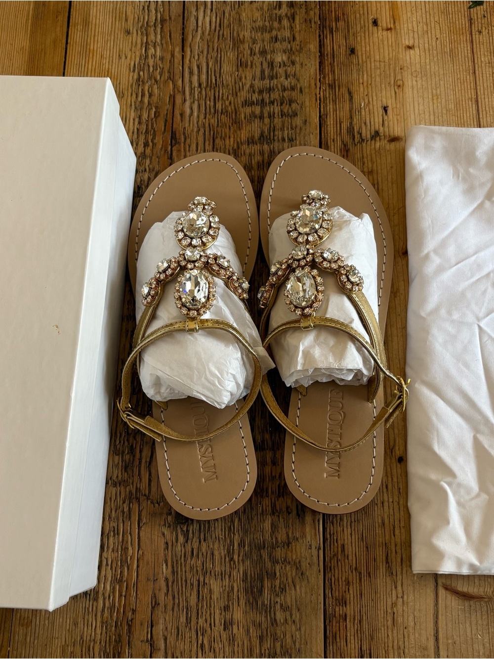 Mystique Boutique Gold Jeweled T-Strap Sandals - Picture 4 of 4